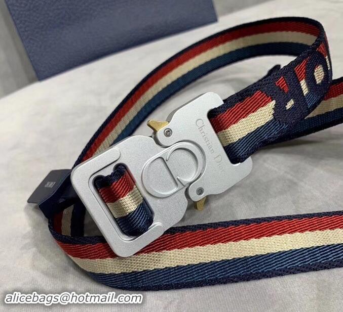 Best Quality Dior Width 2.5cm Belt with Square CD Buckle in 931043 Canvas Striped Blue/Red/Beige