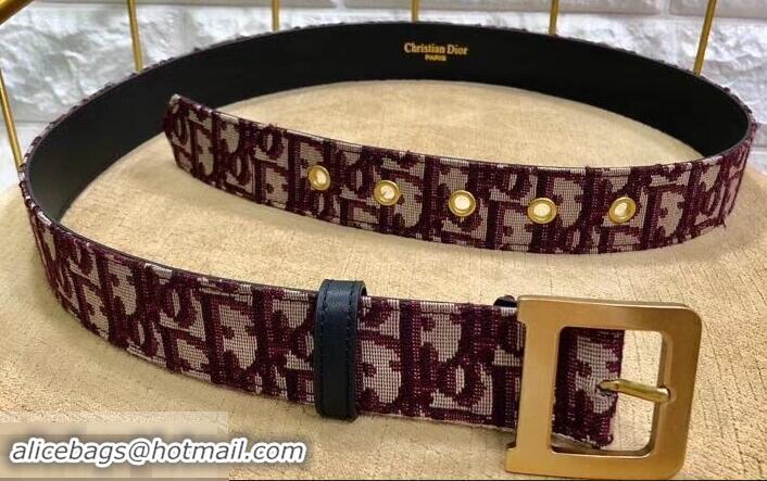 Stylish Classic Dior Width 3.4cm Oblique Jacquard Canvas Diorquake Belt 931045 Burgundy