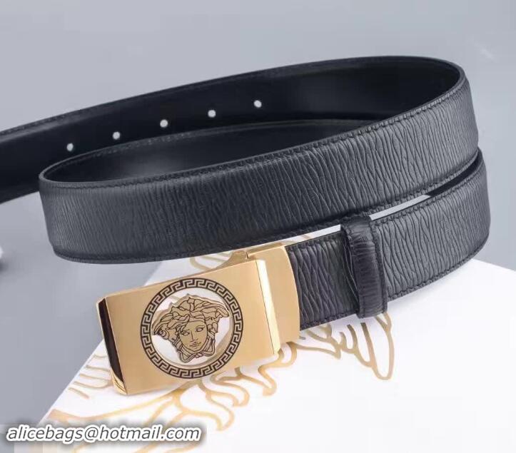 Good Product Versace Black Calfskin Leather Belt Golden Stereo Heads Buckle(99-722104)