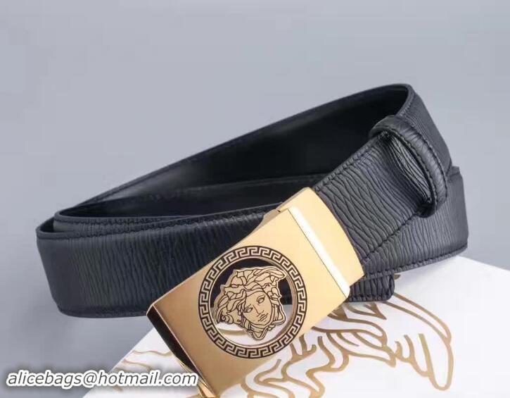 Good Product Versace Black Calfskin Leather Belt Golden Stereo Heads Buckle(99-722104)