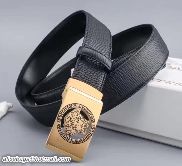 Good Product Versace Black Calfskin Leather Belt Golden Stereo Heads Buckle(99-722104)