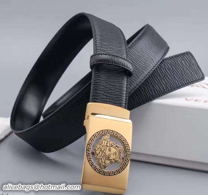 Good Product Versace Black Calfskin Leather Belt Golden Stereo Heads Buckle(99-722104)