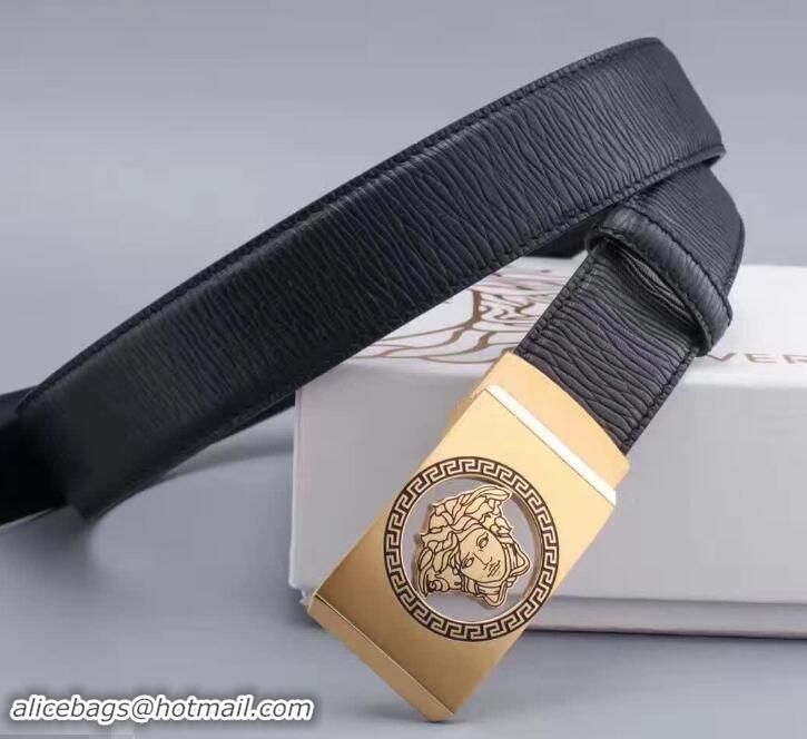 Good Product Versace Black Calfskin Leather Belt Golden Stereo Heads Buckle(99-722104)