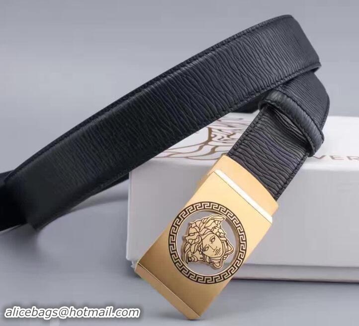 Good Product Versace Black Calfskin Leather Belt Golden Stereo Heads Buckle(99-722104)