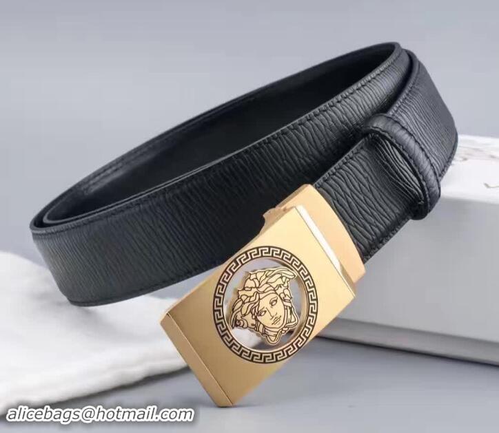 Good Product Versace Black Calfskin Leather Belt Golden Stereo Heads Buckle(99-722104)