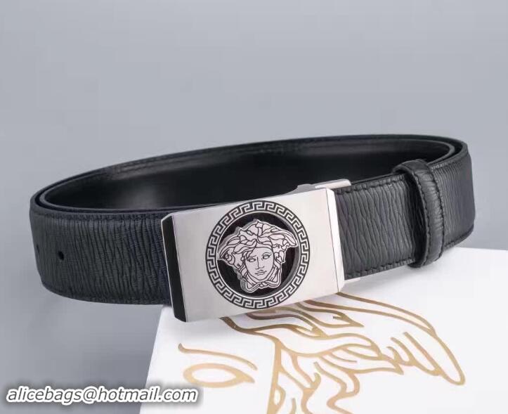 Discount Versace Black Calfskin Leather Belt Sliver Stereo Heads Buckle(99-722105)