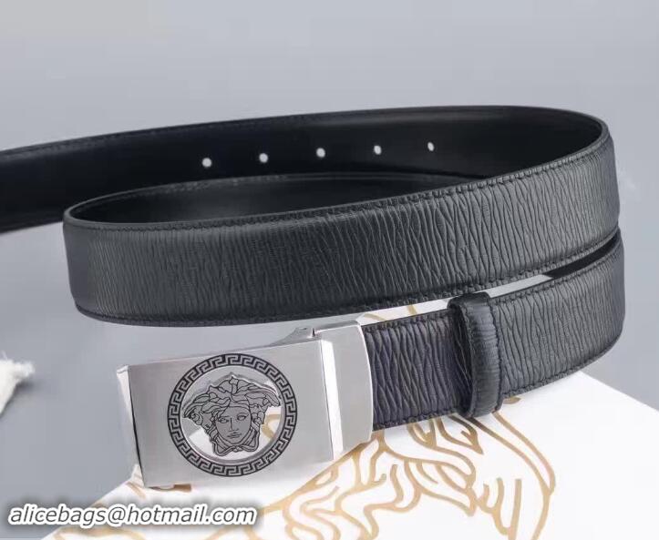 Discount Versace Black Calfskin Leather Belt Sliver Stereo Heads Buckle(99-722105)