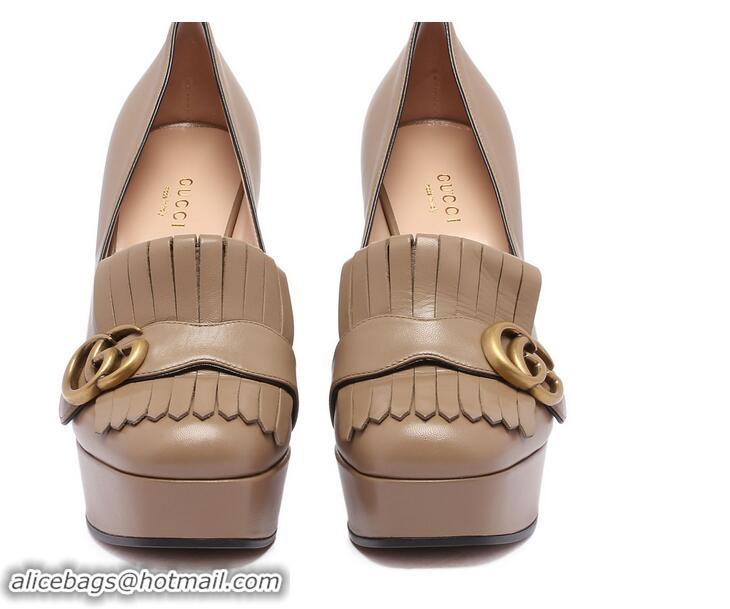 New Fashion Gucci Taupe Leather Platform Pumps With Fringe G89740