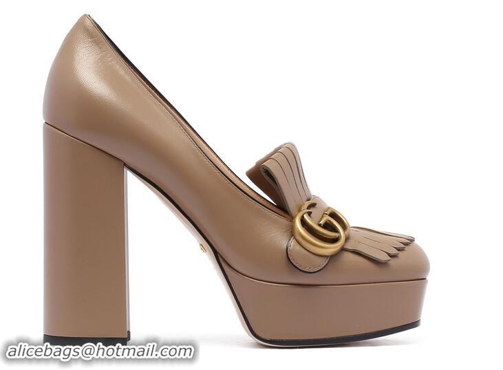 New Fashion Gucci Taupe Leather Platform Pumps With Fringe G89740