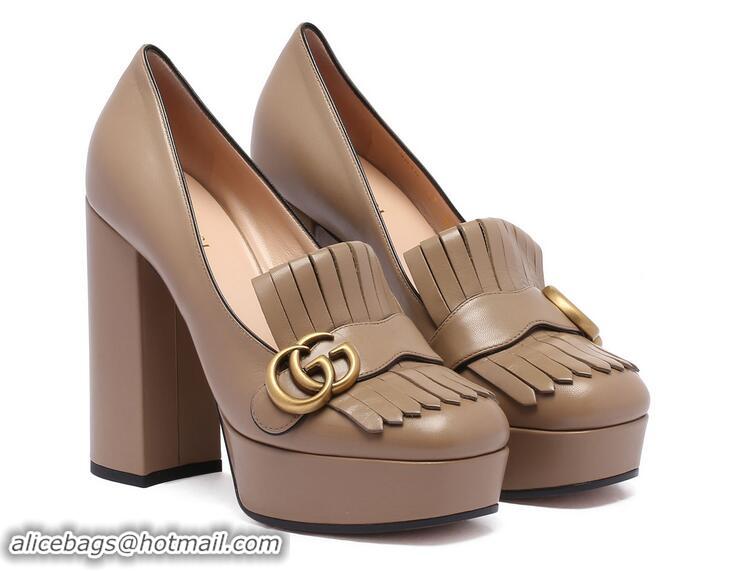 New Fashion Gucci Taupe Leather Platform Pumps With Fringe G89740