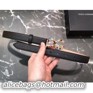 Top Grade Dolce & Gabbana Width 2.5cm Dauphine Calfskin Belt Black with Gold Crystals Logo 602346