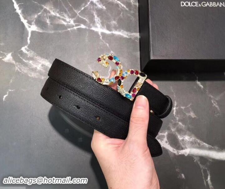 Top Grade Dolce & Gabbana Width 2.5cm Dauphine Calfskin Belt Black with Gold Crystals Logo 602346