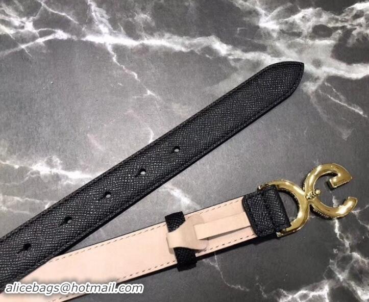 Top Grade Dolce & Gabbana Width 2.5cm Dauphine Calfskin Belt Black with Gold Crystals Logo 602346