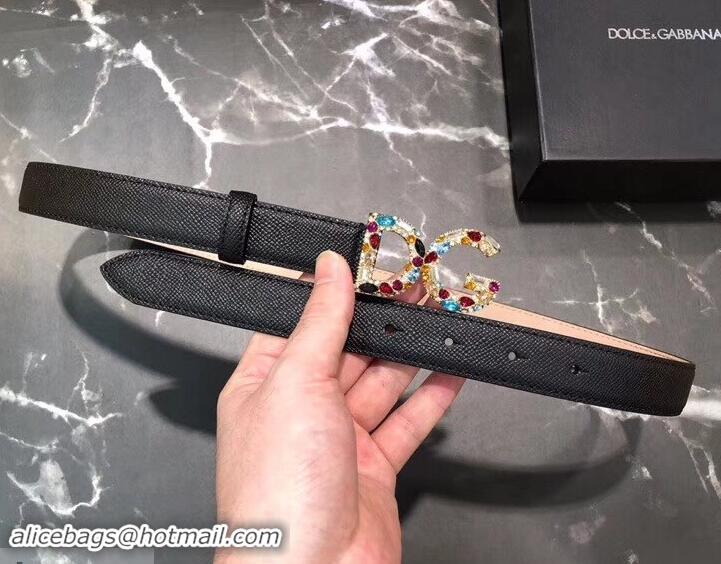 Top Grade Dolce & Gabbana Width 2.5cm Dauphine Calfskin Belt Black with Gold Crystals Logo 602346