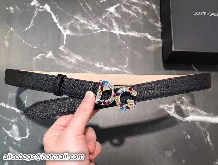 Purchase Dolce & Gabbana Width 2.5cm Dauphine Calfskin Belt Black with Silver Crystals Logo 602347