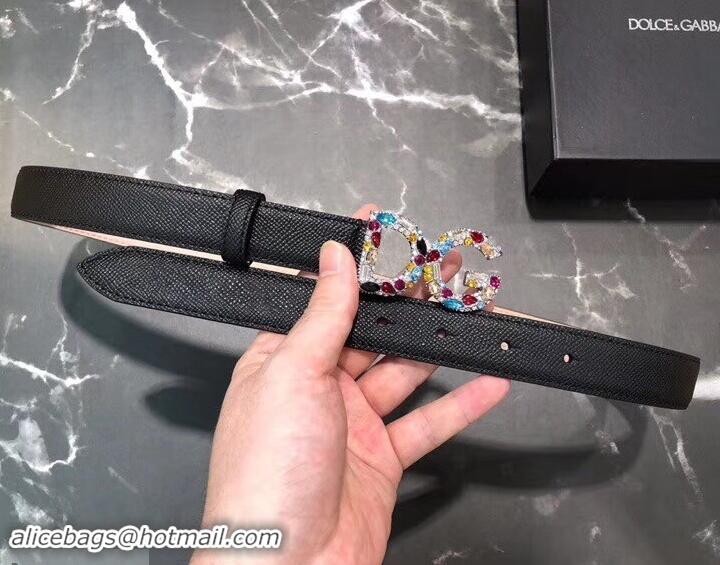 Purchase Dolce & Gabbana Width 2.5cm Dauphine Calfskin Belt Black with Silver Crystals Logo 602347