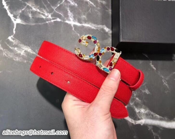 Famous Dolce & Gabbana Width 2.5cm Dauphine Calfskin Belt Red with Gold Crystals Logo 602348