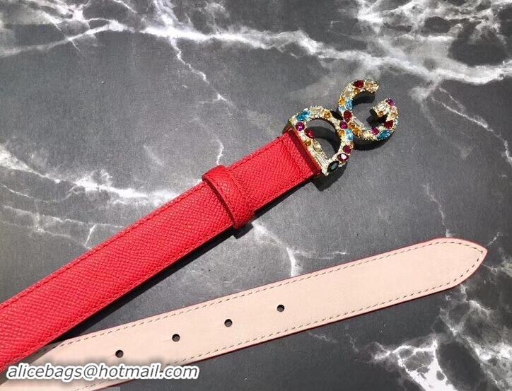 Famous Dolce & Gabbana Width 2.5cm Dauphine Calfskin Belt Red with Gold Crystals Logo 602348