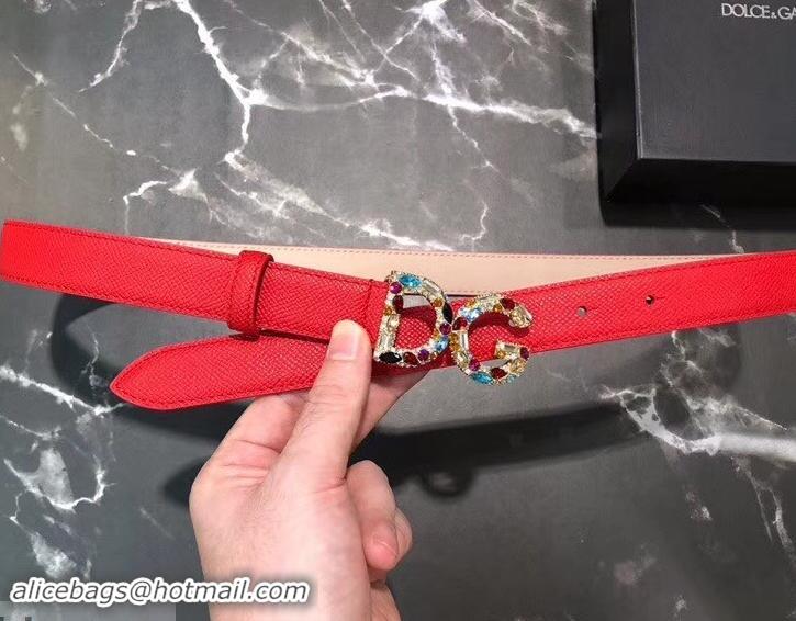 Famous Dolce & Gabbana Width 2.5cm Dauphine Calfskin Belt Red with Gold Crystals Logo 602348