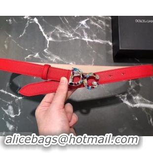 Stylish Dolce & Gabbana Width 2.5cm Dauphine Calfskin Belt Red with Silver Crystals Logo 602349