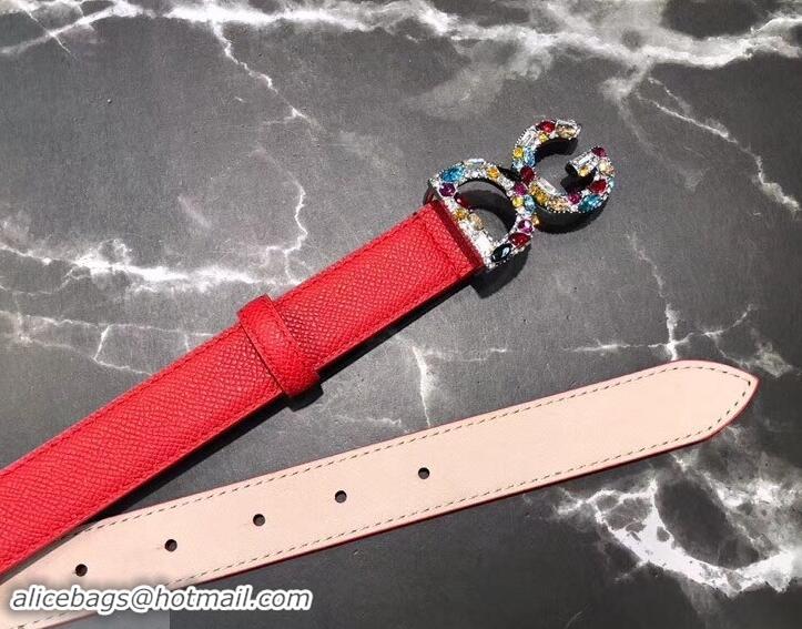 Stylish Dolce & Gabbana Width 2.5cm Dauphine Calfskin Belt Red with Silver Crystals Logo 602349