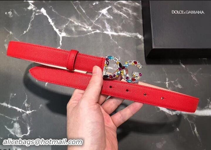 Stylish Dolce & Gabbana Width 2.5cm Dauphine Calfskin Belt Red with Silver Crystals Logo 602349