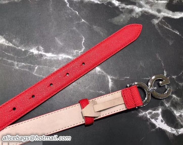 Stylish Dolce & Gabbana Width 2.5cm Dauphine Calfskin Belt Red with Silver Crystals Logo 602349