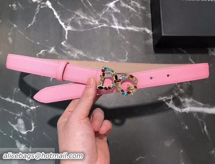 Shop Cheap Dolce & Gabbana Width 2.5cm Dauphine Calfskin Belt Pink with Gold Crystals Logo 602350