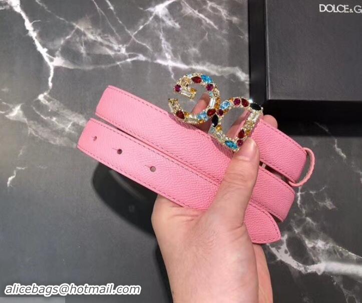 Shop Cheap Dolce & Gabbana Width 2.5cm Dauphine Calfskin Belt Pink with Gold Crystals Logo 602350