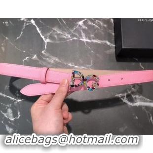 Perfect Dolce & Gabbana Width 2.5cm Dauphine Calfskin Belt Pink with Silver Crystals Logo 602351