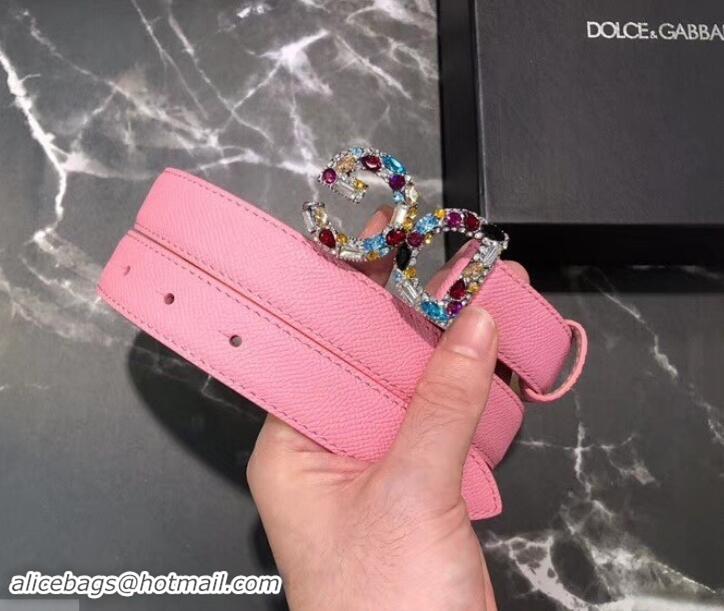 Perfect Dolce & Gabbana Width 2.5cm Dauphine Calfskin Belt Pink with Silver Crystals Logo 602351