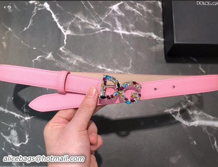 Perfect Dolce & Gabbana Width 2.5cm Dauphine Calfskin Belt Pink with Silver Crystals Logo 602351