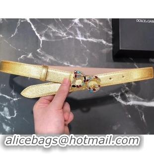 Popular Style Dolce & Gabbana Width 2.5cm Dauphine Calfskin Belt Gold with Gold Crystals Logo 602352