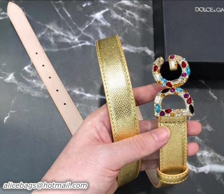 Popular Style Dolce & Gabbana Width 2.5cm Dauphine Calfskin Belt Gold with Gold Crystals Logo 602352