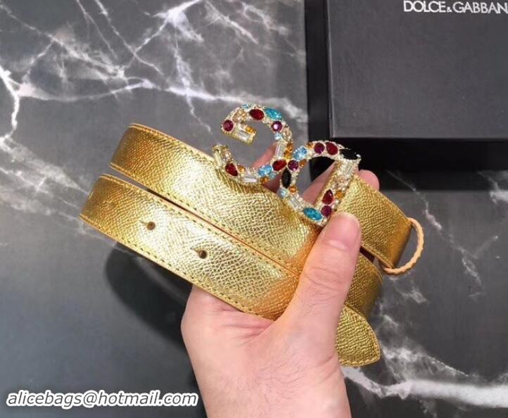 Top Design Dolce & Gabbana Width 2.5cm Dauphine Calfskin Belt Gold with Silver Crystals Logo 602353