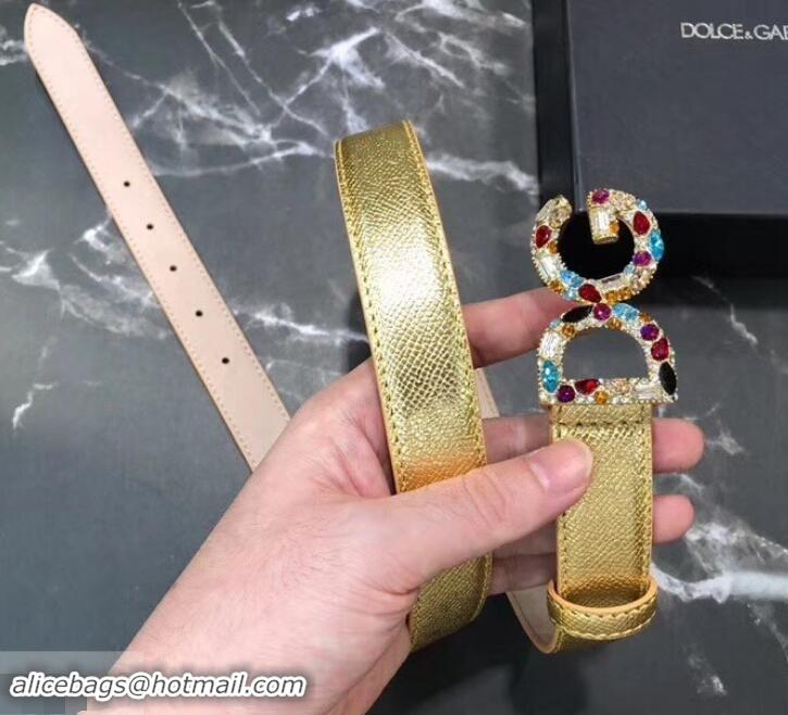 Top Design Dolce & Gabbana Width 2.5cm Dauphine Calfskin Belt Gold with Silver Crystals Logo 602353