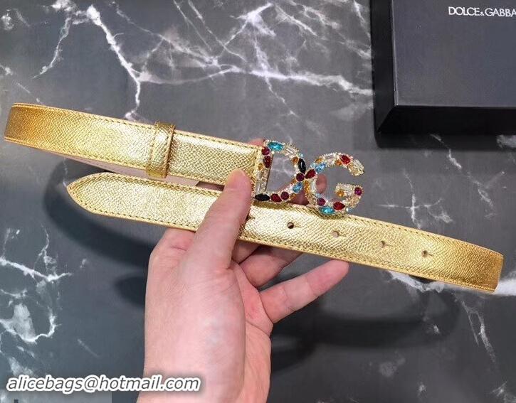 Top Design Dolce & Gabbana Width 2.5cm Dauphine Calfskin Belt Gold with Silver Crystals Logo 602353