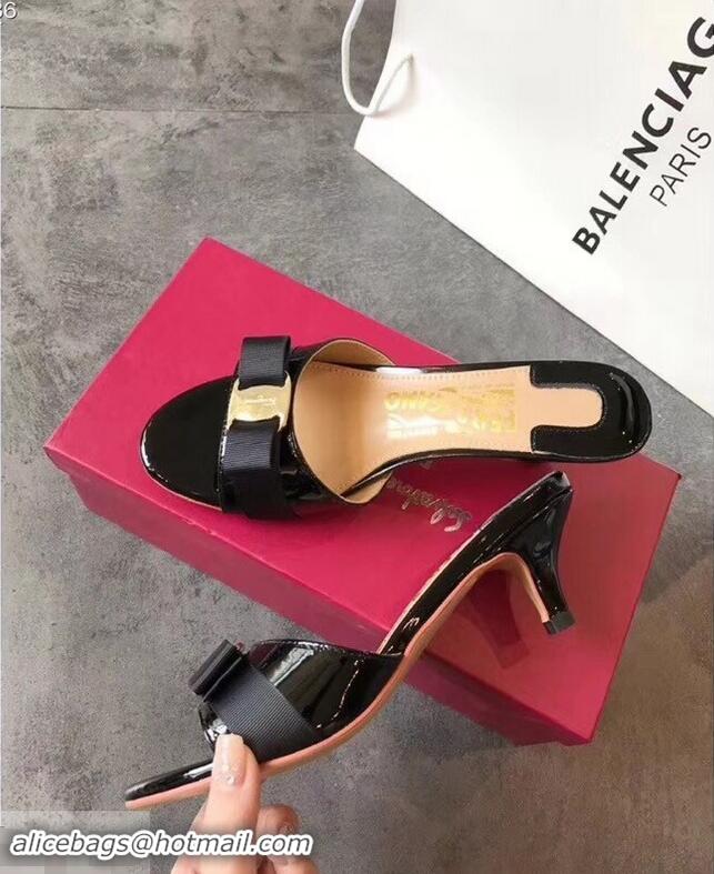 Best Wholesale Ferragamo Heel 6cm Vara Bow Slide Sandals F94901 Black 2019