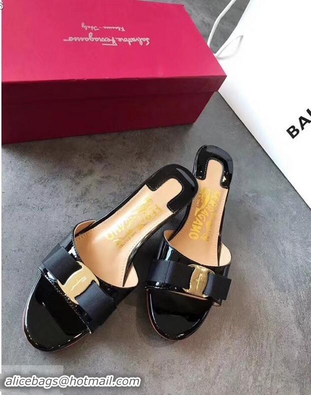 Best Wholesale Ferragamo Heel 6cm Vara Bow Slide Sandals F94901 Black 2019