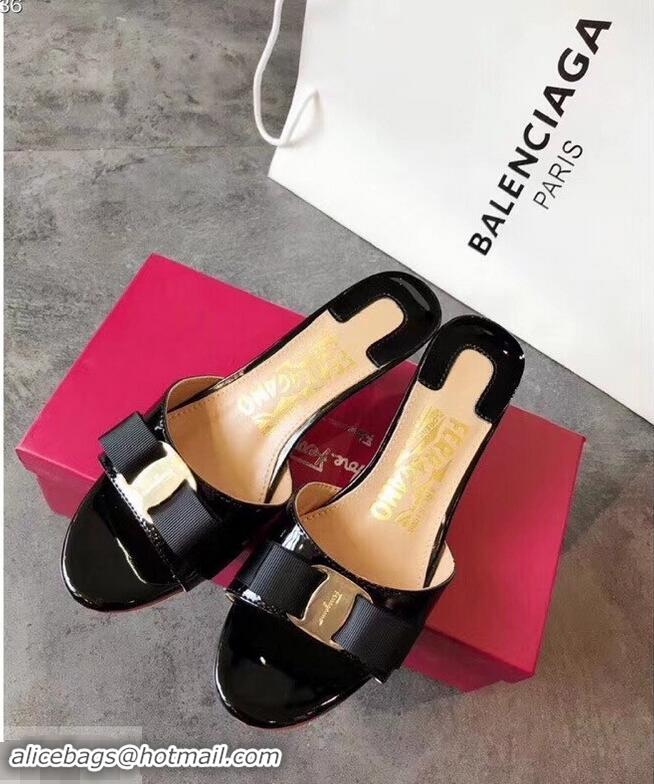 Best Wholesale Ferragamo Heel 6cm Vara Bow Slide Sandals F94901 Black 2019