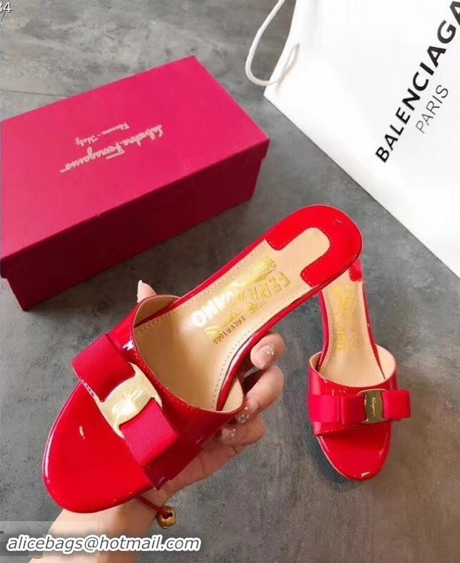 Spot Bulk Ferragamo Heel 6cm Vara Bow Slide Sandals F94901 Red 2019