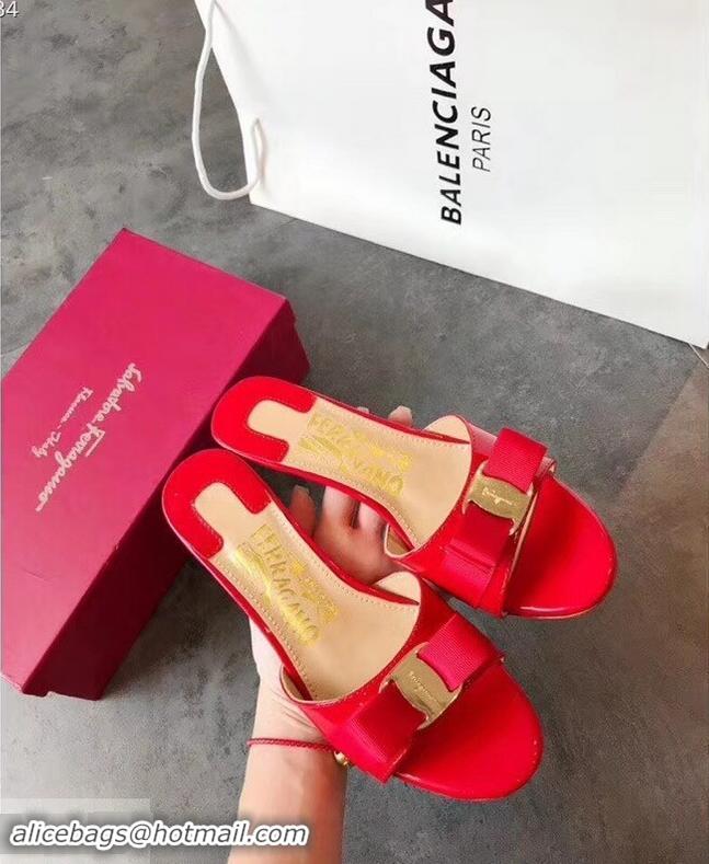 Spot Bulk Ferragamo Heel 6cm Vara Bow Slide Sandals F94901 Red 2019