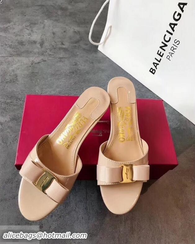 Fake Design Ferragamo Heel 6cm Vara Bow Slide Sandals F94901 Nude 2019