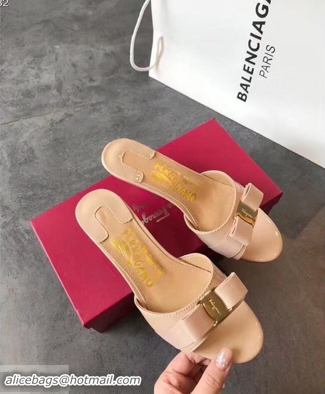 Fake Design Ferragamo Heel 6cm Vara Bow Slide Sandals F94901 Nude 2019