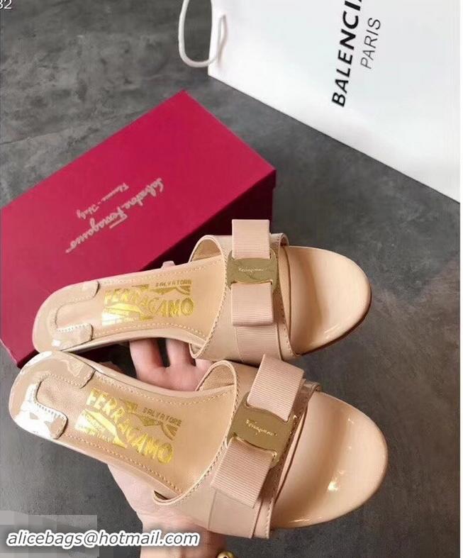 Fake Design Ferragamo Heel 6cm Vara Bow Slide Sandals F94901 Nude 2019