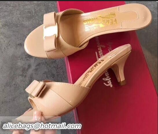 Fake Design Ferragamo Heel 6cm Vara Bow Slide Sandals F94901 Nude 2019