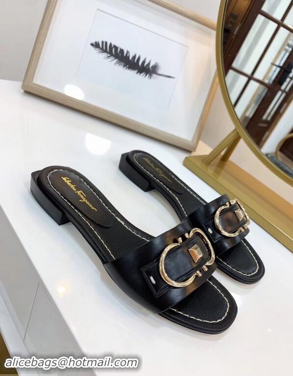 Luxury Cheapest Ferragamo Stud Gancini Slide Sandals F94905 Black 2019