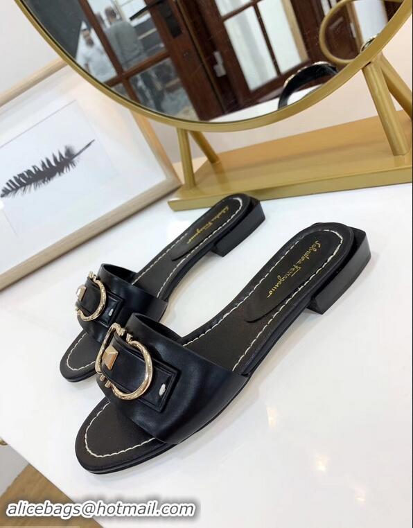 Luxury Cheapest Ferragamo Stud Gancini Slide Sandals F94905 Black 2019