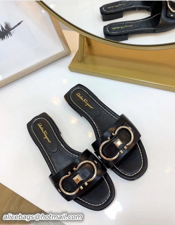 Luxury Cheapest Ferragamo Stud Gancini Slide Sandals F94905 Black 2019