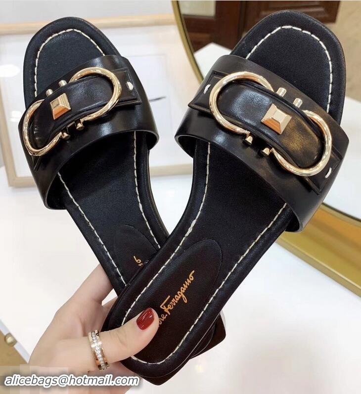 Luxury Cheapest Ferragamo Stud Gancini Slide Sandals F94905 Black 2019